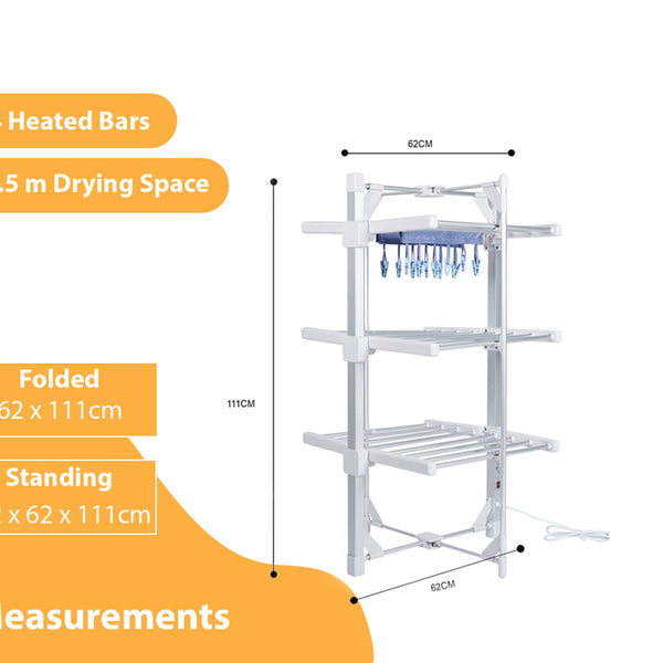 Electric Heated Clothes Airer-Mini Standard 3-Tier|With Rack Cover & 12 Clothes Pegs