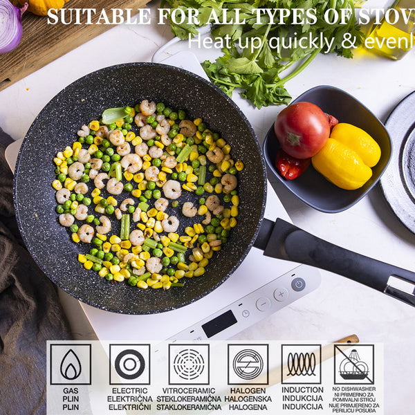 24cm Deep Frying Pan with Lid | Non-Stick Granite Coating, Induction Safe – Houszy