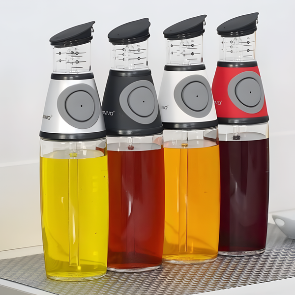 Glass Oil Dispenser Bottles with Dip-Free Spouts & Easy-Press Measuring Cap-(500ml)