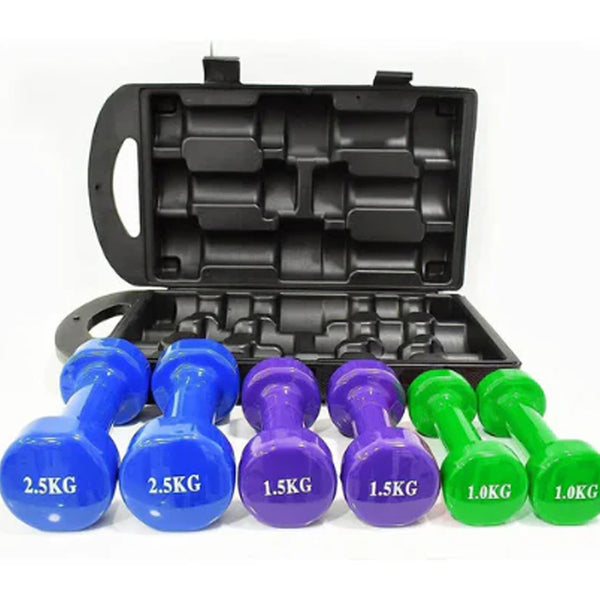 10 Kgs Multi-Colour Vinyl Coated Dumbbell Set With Molded Carry Case (Anti-Roll Design)