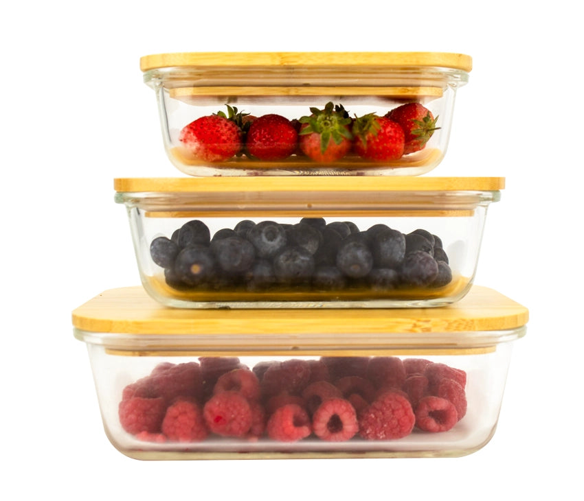 Glass Food Storage Containers with Bamboo Lids & 3 Stretchable Bands-Set Of 3