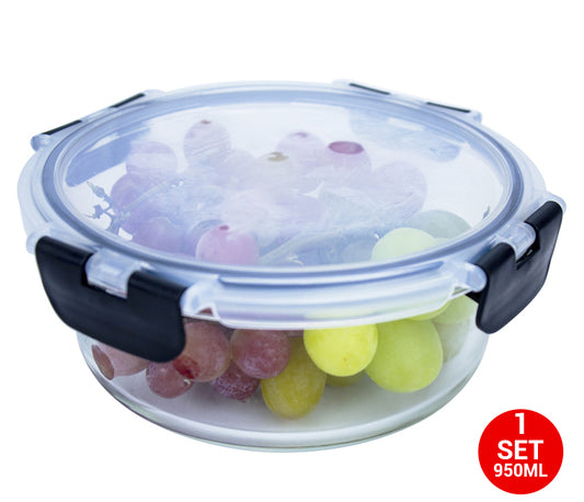 Round Glass Containers With Snap Lock Lids (Stackable) 950ml - Set Of 1