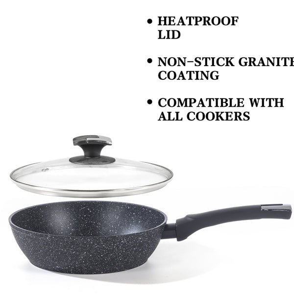 24cm Deep Frying Pan with Lid | Non-Stick Granite Coating, Induction Safe – Houszy