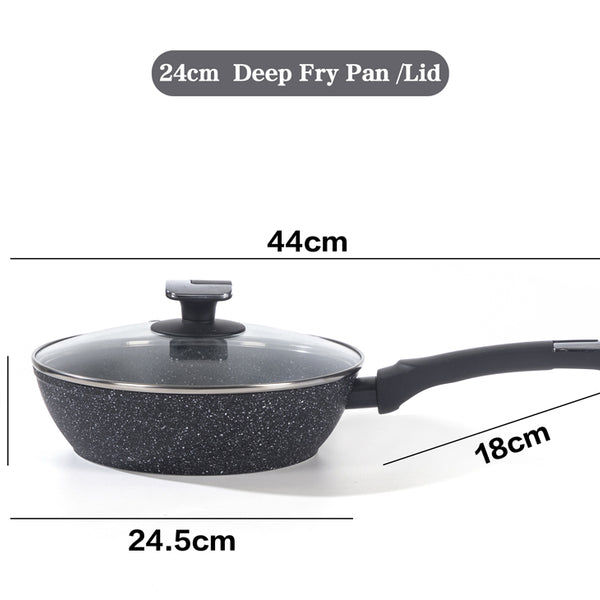 24cm Deep Frying Pan with Lid | Non-Stick Granite Coating, Induction Safe – Houszy