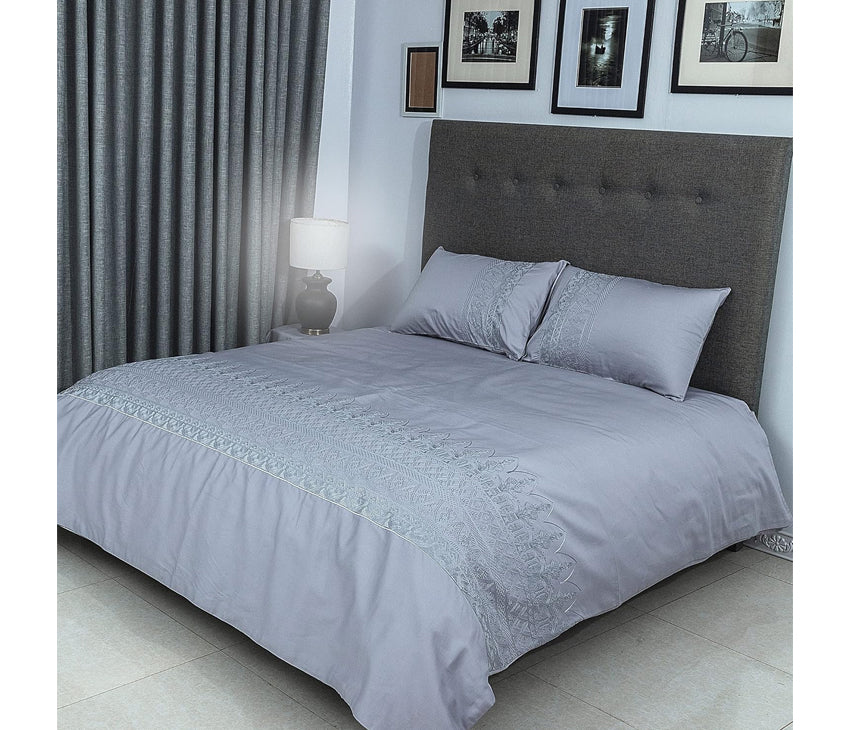 Duvet Cover Set With Egyptian Cotton Fitted Sheet- 400 TC (Gloria Silver Design)