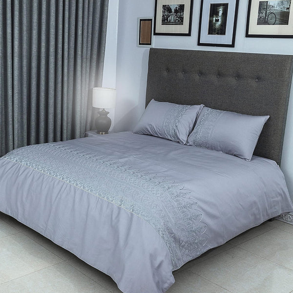 Duvet Cover Set With Egyptian Cotton Fitted Sheet- 400 TC (Gloria Silver Design)