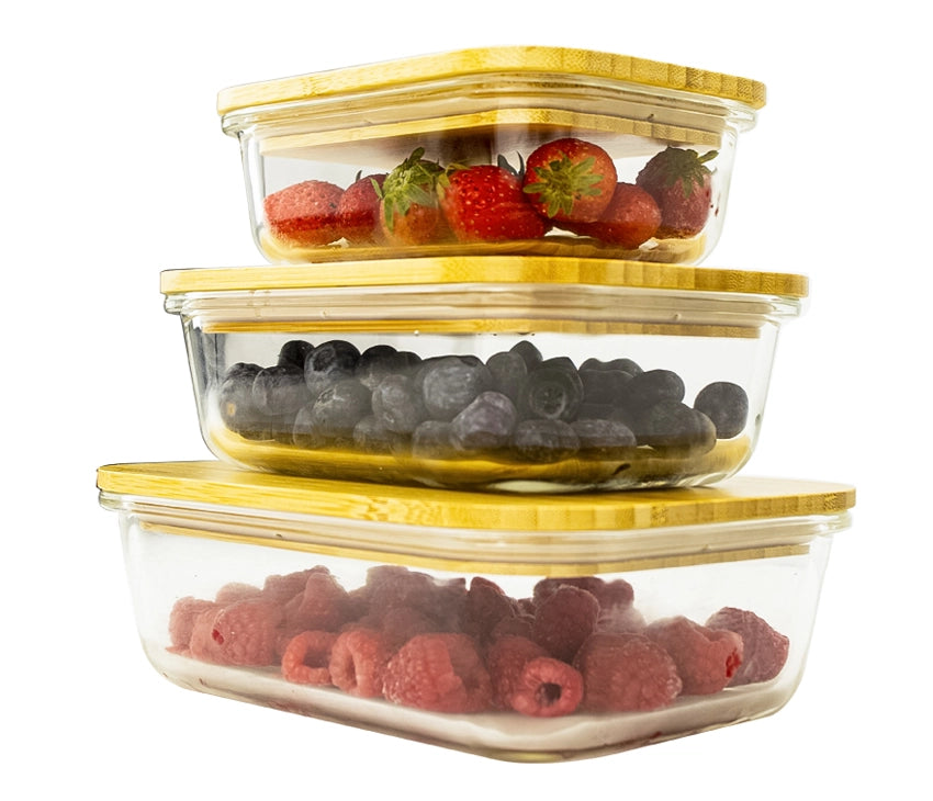 Glass Food Storage Containers with Bamboo Lids & 3 Stretchable Bands-Set Of 3