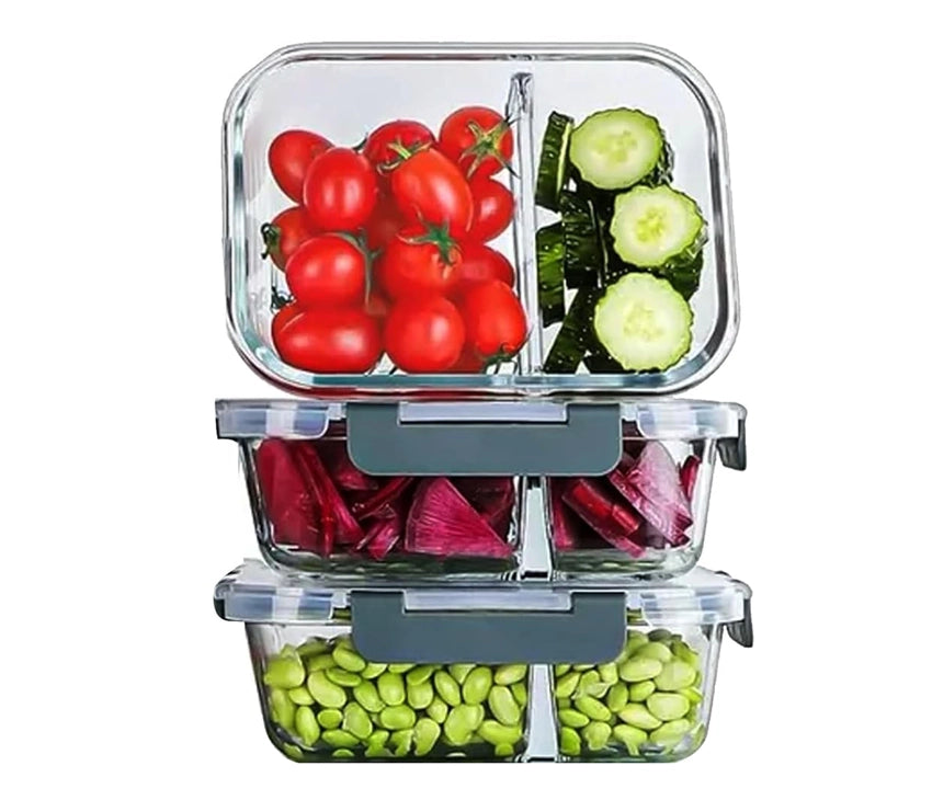 2-Compartment Glass Meal Prep Containers With Snap Lock Lids–Set Of 3