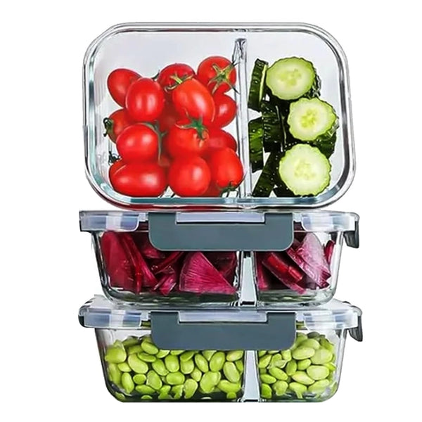 2-Compartment Glass Meal Prep Containers With Snap Lock Lids–Set Of 3