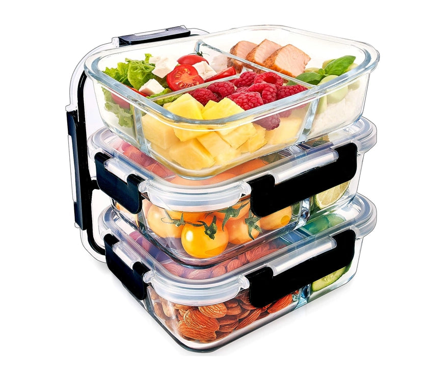 3-Compartment Glass Meal Prep Containers With Snap Lock Lids–Set Of 3