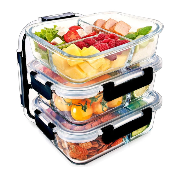 3-Compartment Glass Meal Prep Containers With Snap Lock Lids–Set Of 3