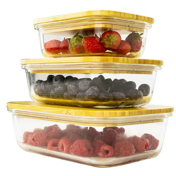 Glass Food Storage Containers with Bamboo Lids & 3 Stretchable Bands-Set Of 3