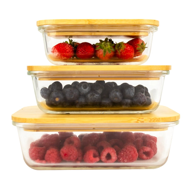 Glass Food Storage Containers with Bamboo Lids & 3 Stretchable Bands-Set Of 3