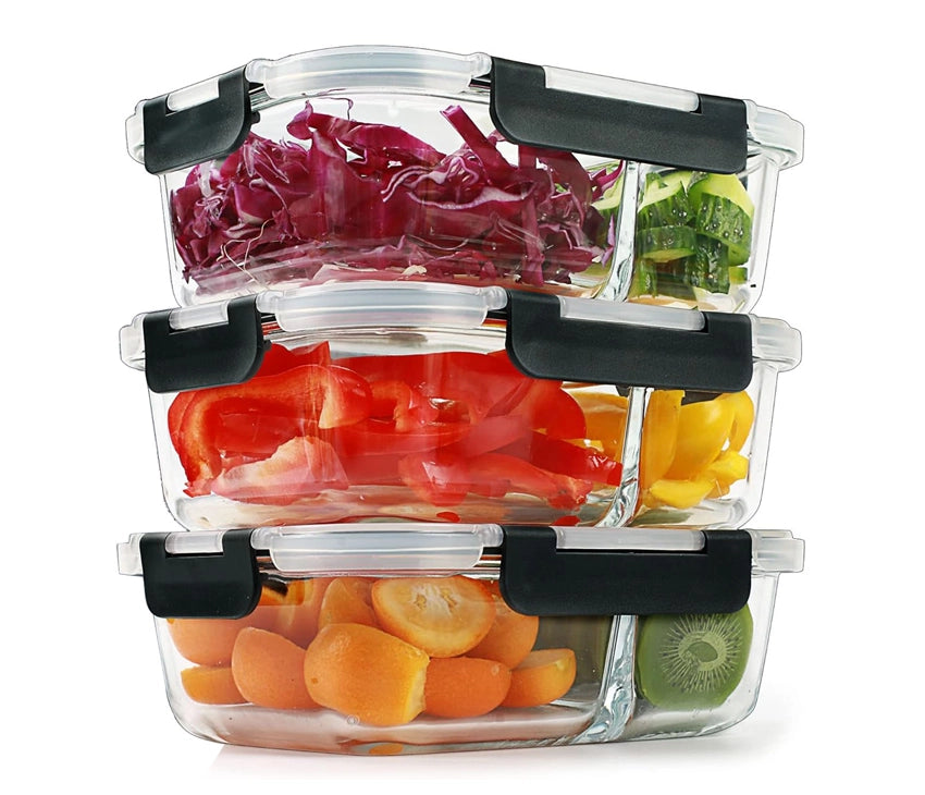 2-Compartment Glass Meal Prep Containers With Snap Lock Lids–Set Of 3