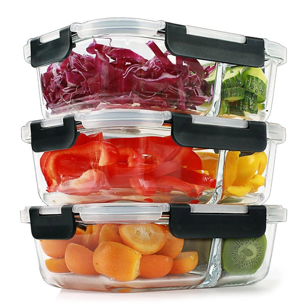 2-Compartment Glass Meal Prep Containers With Snap Lock Lids–Set Of 3