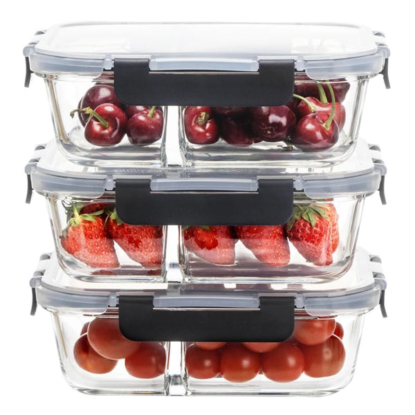 3-Compartment Glass Meal Prep Containers With Snap Lock Lids–Set Of 3-Houszy®