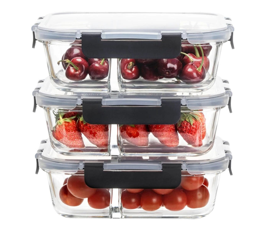 3-Compartment Glass Meal Prep Containers With Snap Lock Lids–Set Of 3