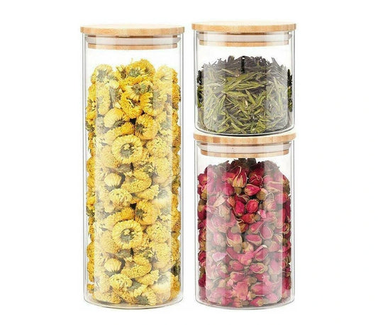 Glass Food Storage Jars with Bamboo Lids - Stackable & Sealed Kitchen Containers - set of 3