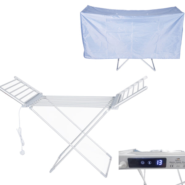 Heated Clothes Airer with Cover, Touch Screen LED Display, 30–60°C, 1–12h Timer, Foldable Indoor Dryer Rack, 20 Heated Bars, 230W