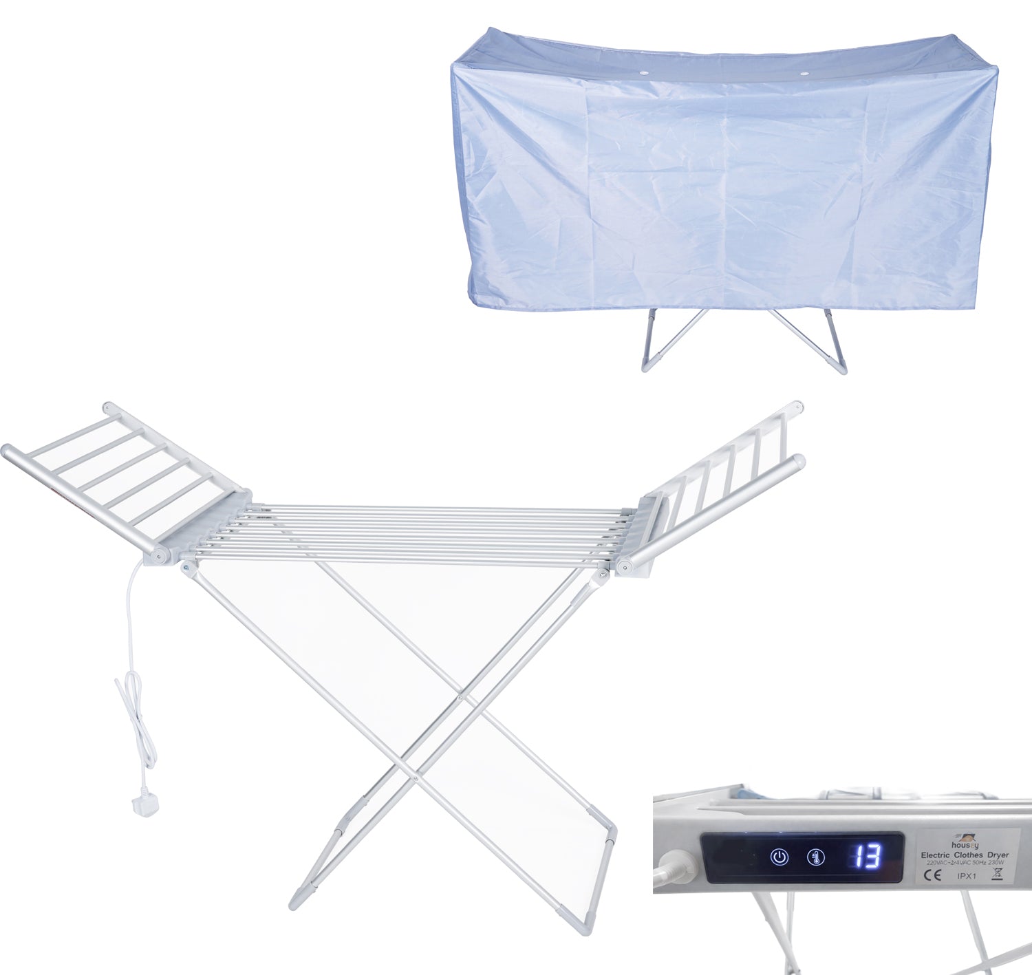Heated Clothes Airer with Cover, Touch Screen LED Display, 30–60°C, 1–12h Timer, Foldable Indoor Dryer Rack, 20 Heated Bars, 230W