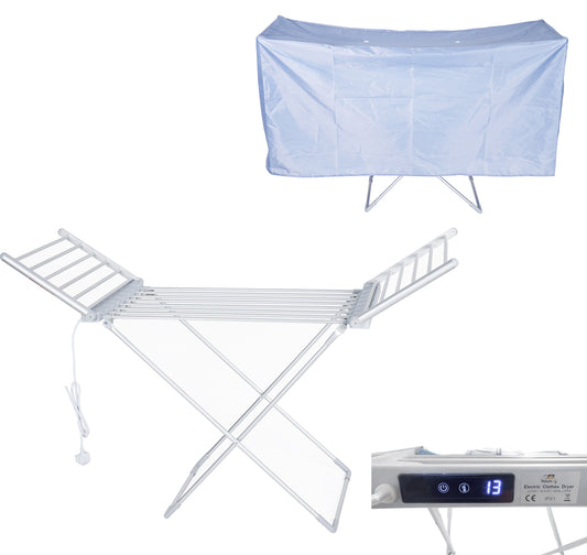 Heated Clothes Airer with Cover, Touch Screen LED Display, 30–60°C, 1–12h Timer, Foldable Indoor Dryer Rack, 20 Heated Bars, 230W