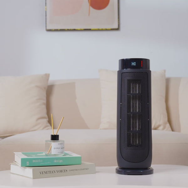 PTC Ceramic Tower Heater 2000W – ECO Mode, 90° Oscillation, 15–35°C Thermostat, 24h Timer, Remote, LED – (Black)