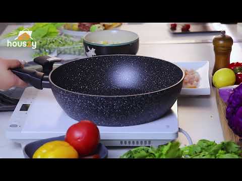 24cm Deep Frying Pan with Lid | Non-Stick Granite Coating, Induction Safe – Houszy