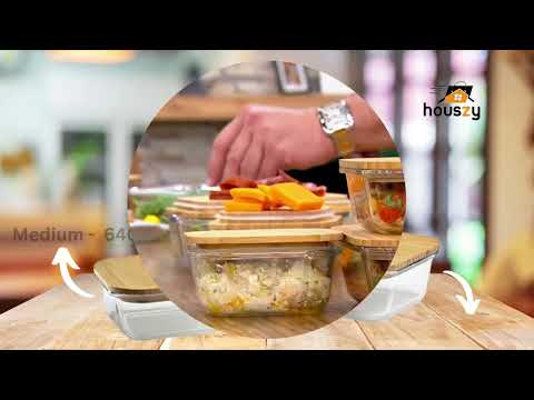 Glass Food Storage Containers with Bamboo Lids & 3 Stretchable Bands-Set Of 3-Houszy®