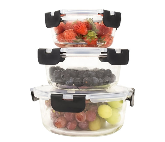 Round Glass Containers With Snap Lock Lids (Stackable) - Set Of 3