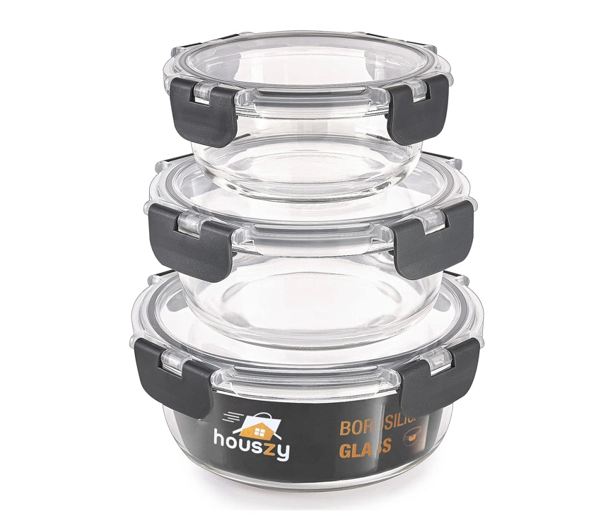 Round Glass Containers With Snap Lock Lids (Stackable) - Set Of 3