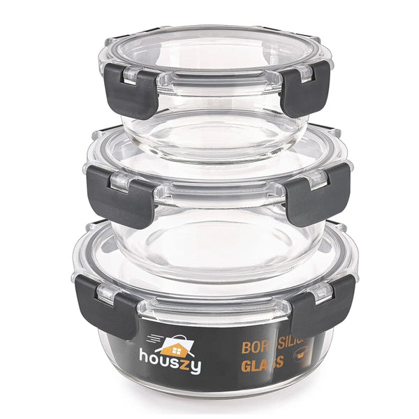 Round Glass Containers With Snap Lock Lids (Stackable) - Set Of 3