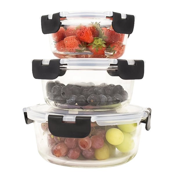 Round Glass Containers With Snap Lock Lids (Stackable) - Set Of 3