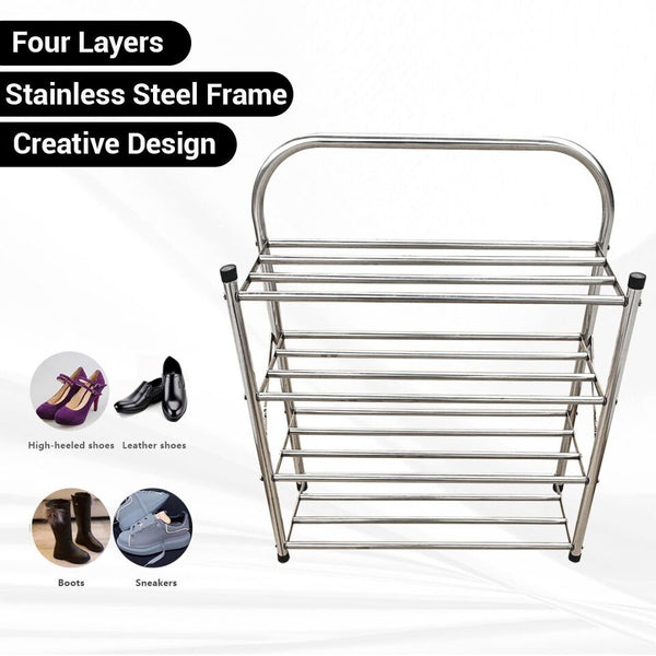 Stainless Steel Shoe Rack- 4-Tier, Ideal for Living Room or Hallway (Silver)